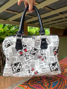 Disney Mickey Minnie Newspaper Print Satchel Handbag Black White Bowling Bag